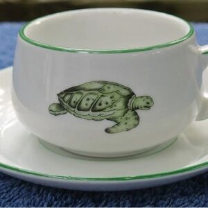Thomas R Lacroix Green Rim Line & Sea Turtle Design Cups and Saucers set of 2
